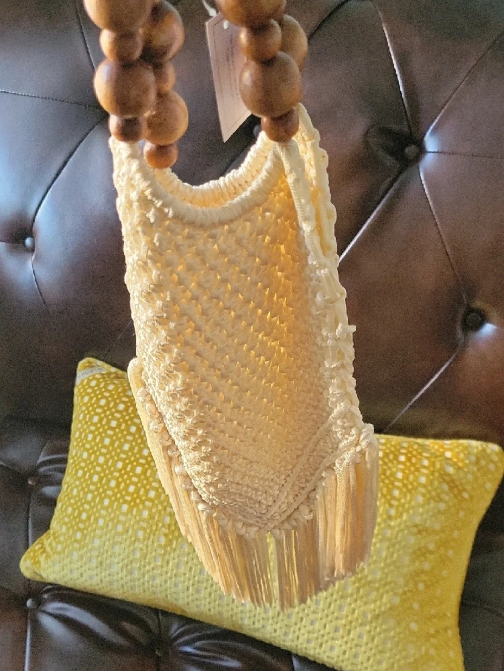 Boho Fringe Hobo Bag with Wooden Bead Handles - Cream